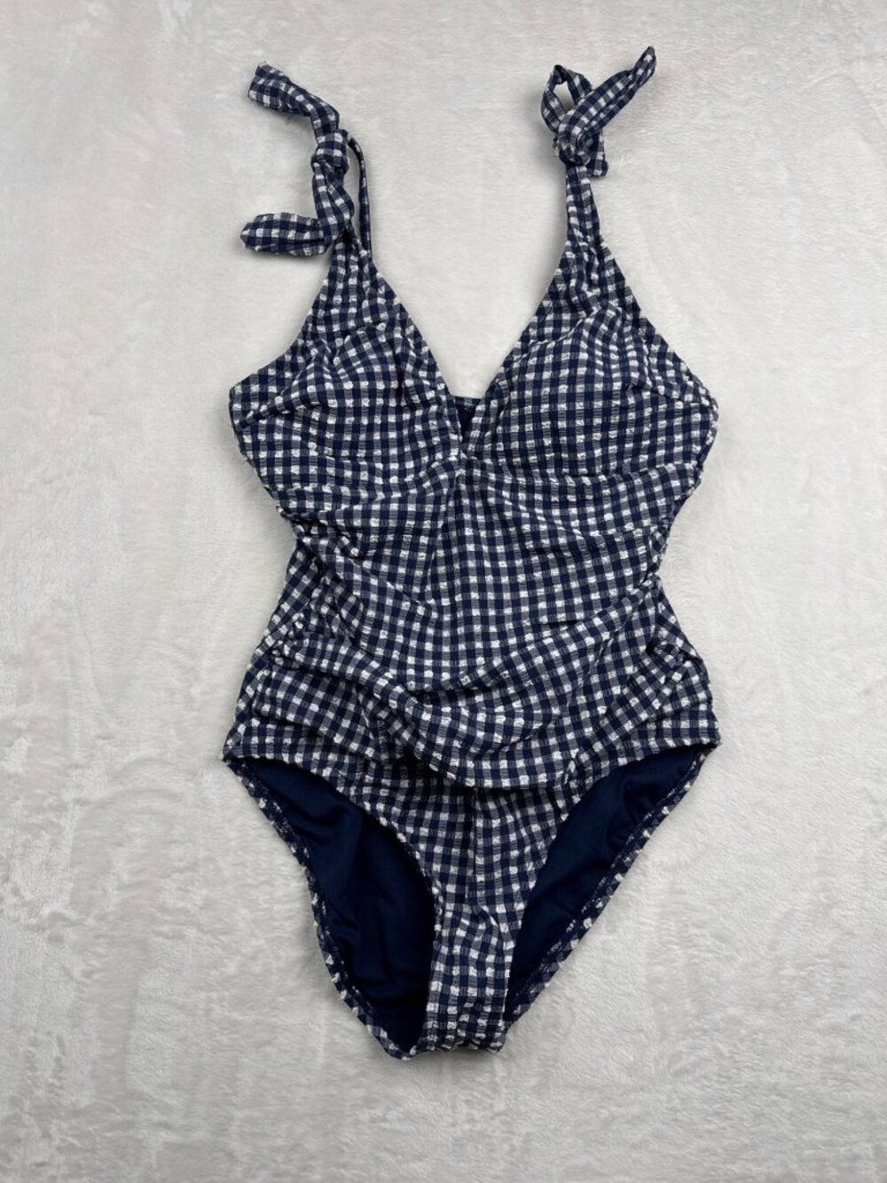 Ellen Tracy Blue Gingham One-Piece Swimsuit Adjustable Tie Straps Size Large